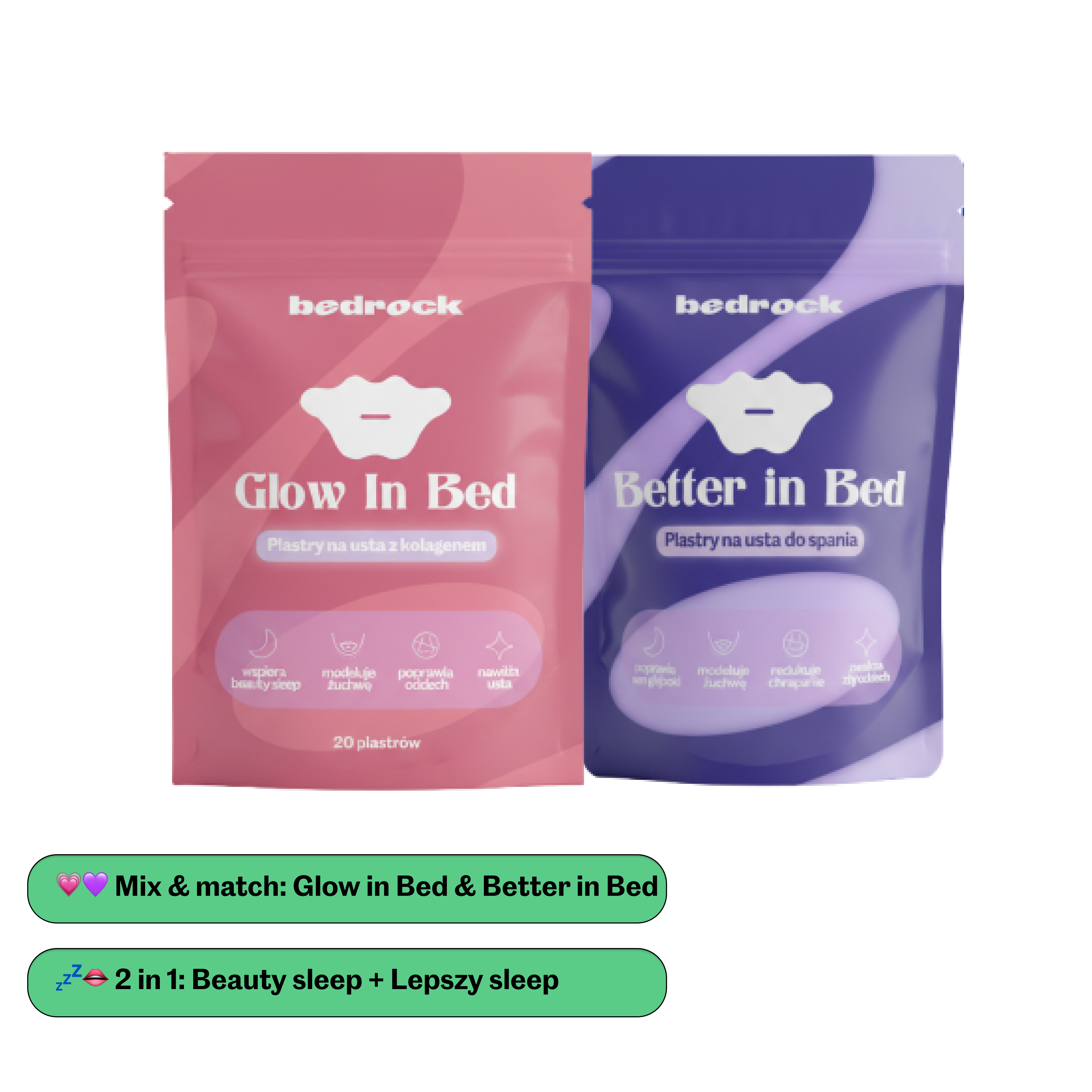 Plastry na usta do spania Bedrock – Glow in Bed i Better in Bed zestaw