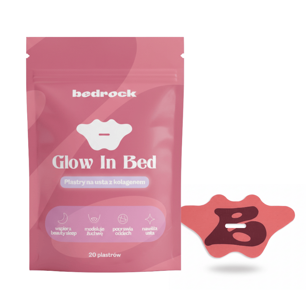 Plastry na usta do spania Glow in Bed z kolagenem – plastry Bedrock produkt i opakowanie