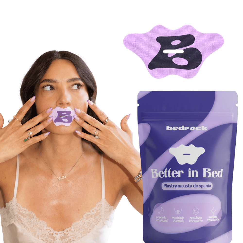 Kobieta używająca plastrów na usta do spania Better in Bed – plastry Bedrock