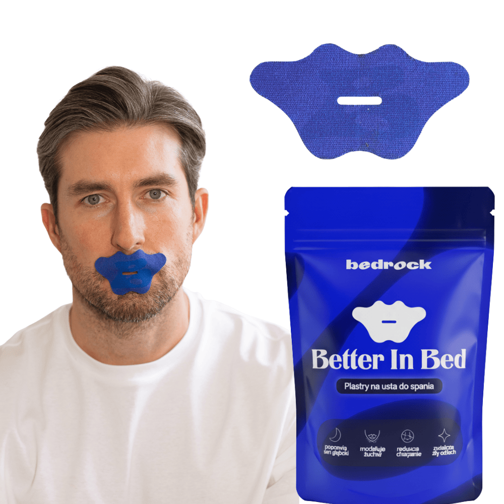 Plastry na usta do spania Bedrock Better in Bed – mężczyzna w trakcie użycia, produkt i opakowanie