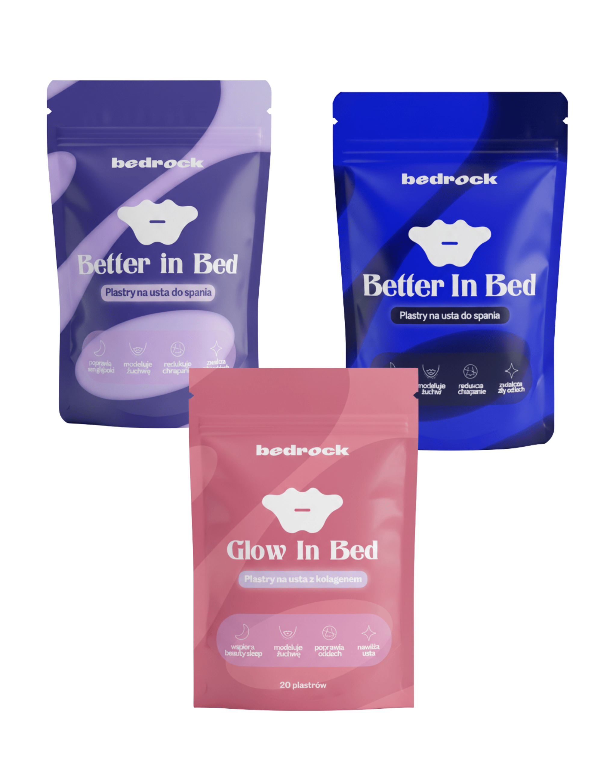 Three in Bed - zestaw 3 opakowań plastrów na usta (Lilac + Blue + Glow)