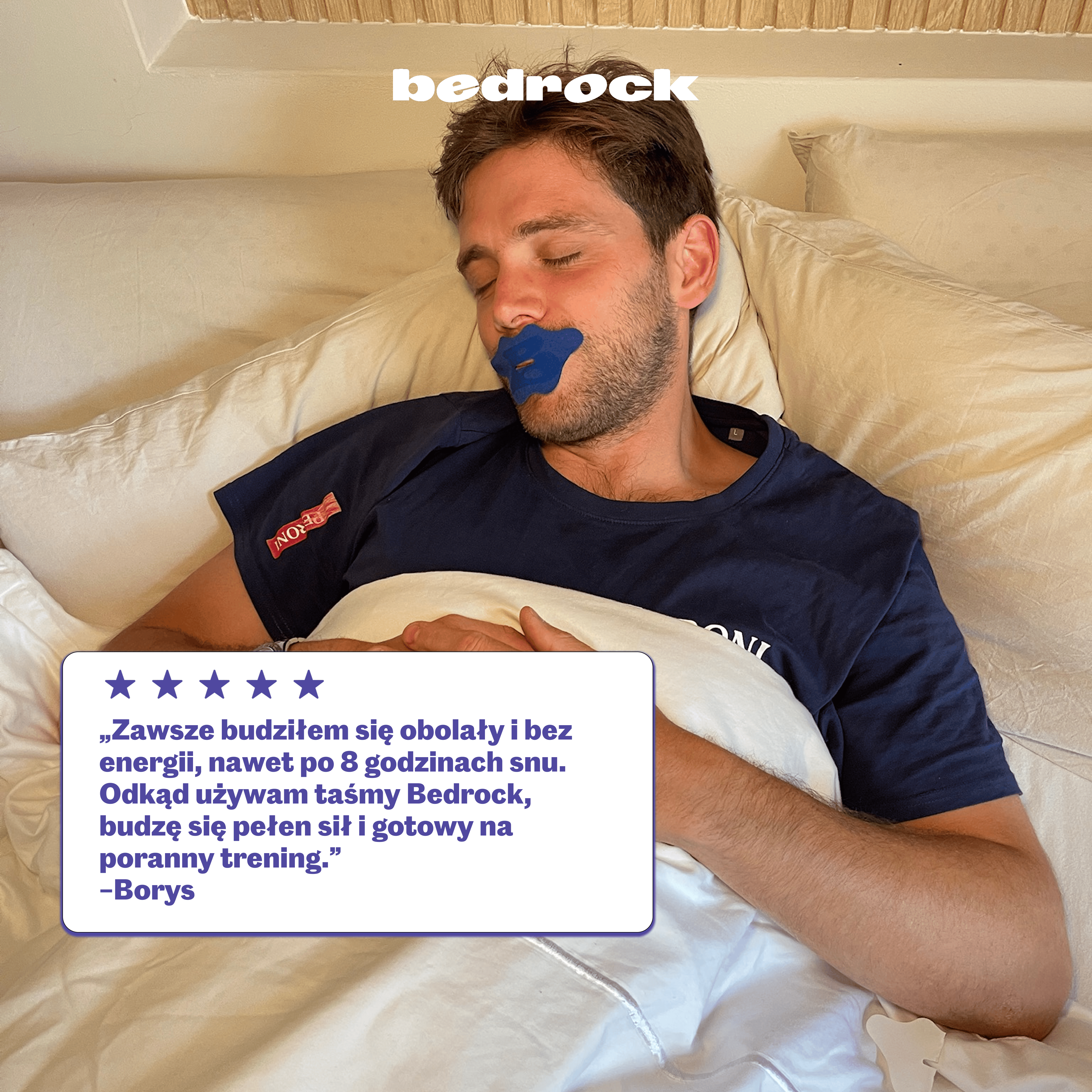 Plastry na usta do spania Bedrock Better in Bed – mężczyzna śpiący, opinia użytkownika